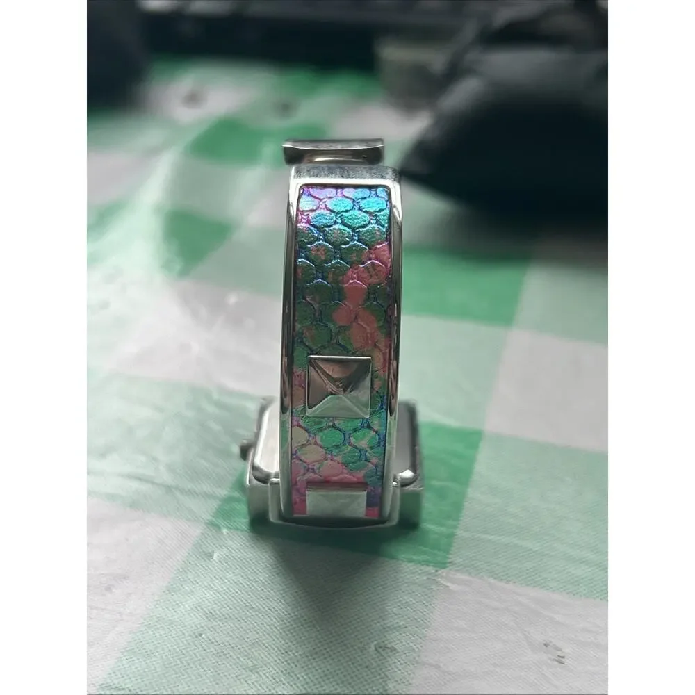 Silver Tone Pink And Multicolored Band Women’s Cuff Watch